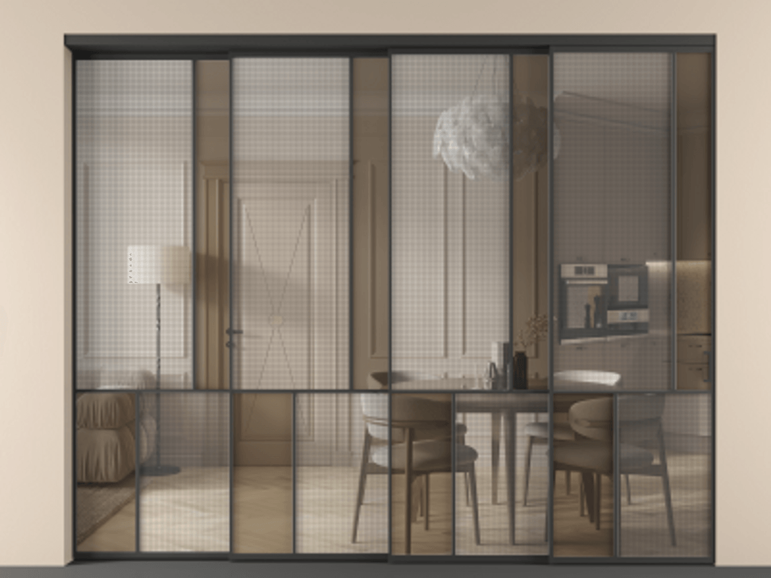 Перегородка Mosaic внутри проёма 4 створки с синхронным механизмом АЛПР 041.21 Алюминий Черный Декоративное стекло с сеткой "Mesh silver", триплекс, 6 мм + Прозрачное бронзовое стекло, триплекс. Скрытый короб ЧЕР Цена 584060 ₽ . Фабрика дверей Волховец 8 (800) 551 43 19 Перегородка Mosaic внутри проёма 4 створки с синхронным механизмом АЛПР 041.21 Алюминий Черный Декоративное стекло с сеткой "Mesh silver", триплекс, 6 мм + Прозрачное бронзовое стекло, триплекс Цена 584060 ₽ | Volhovec