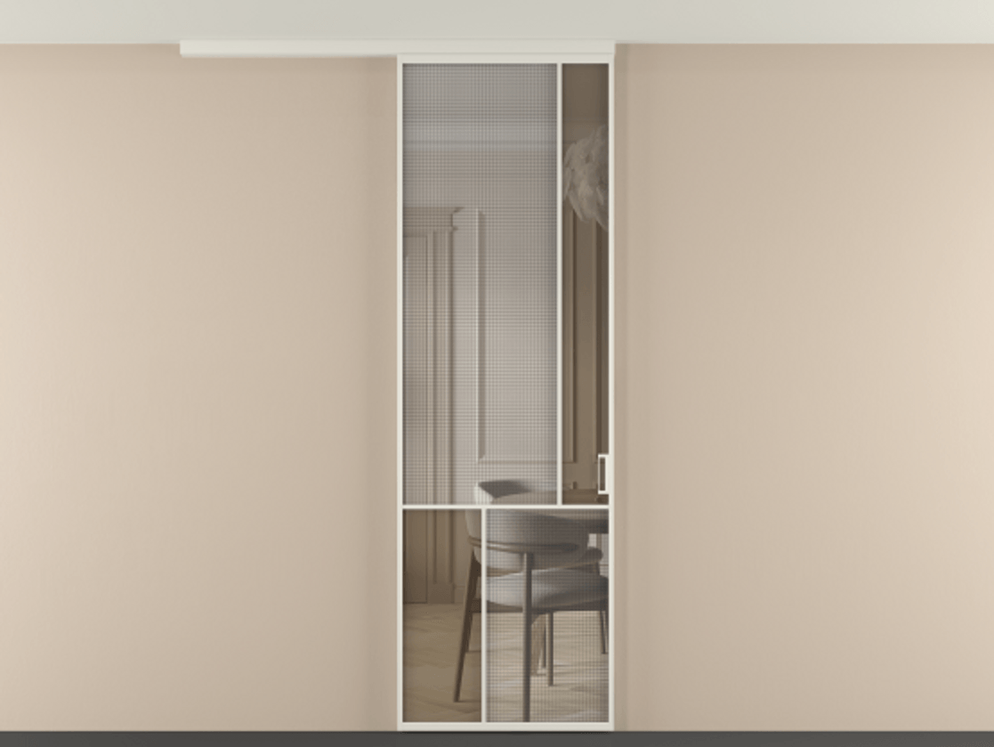 Перегородка Mosaic вдоль стены на потолок 1 створка АЛПР 041.21 Алюминий Белый Декоративное стекло с сеткой "Mesh silver", триплекс, 6 мм + Прозрачное бронзовое стекло, триплекс. Скрытый короб БЕЛ Цена 135560 ₽ . Фабрика дверей Волховец 8 (800) 551 43 19 Перегородка Mosaic вдоль стены на потолок 1 створка АЛПР 041.21 Алюминий Белый Декоративное стекло с сеткой "Mesh silver", триплекс, 6 мм + Прозрачное бронзовое стекло, триплекс Цена 135560 ₽ | Volhovec