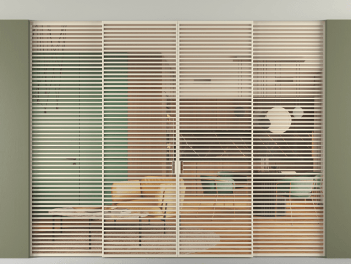 Перегородка Formato внутри проёма скрытое крепление в потолок 4 створки АЛПР 040.07 Алюминий бежево-серый Прозрачное оранжевое стекло, триплекс Цена 954340 ₽ | Volhovec