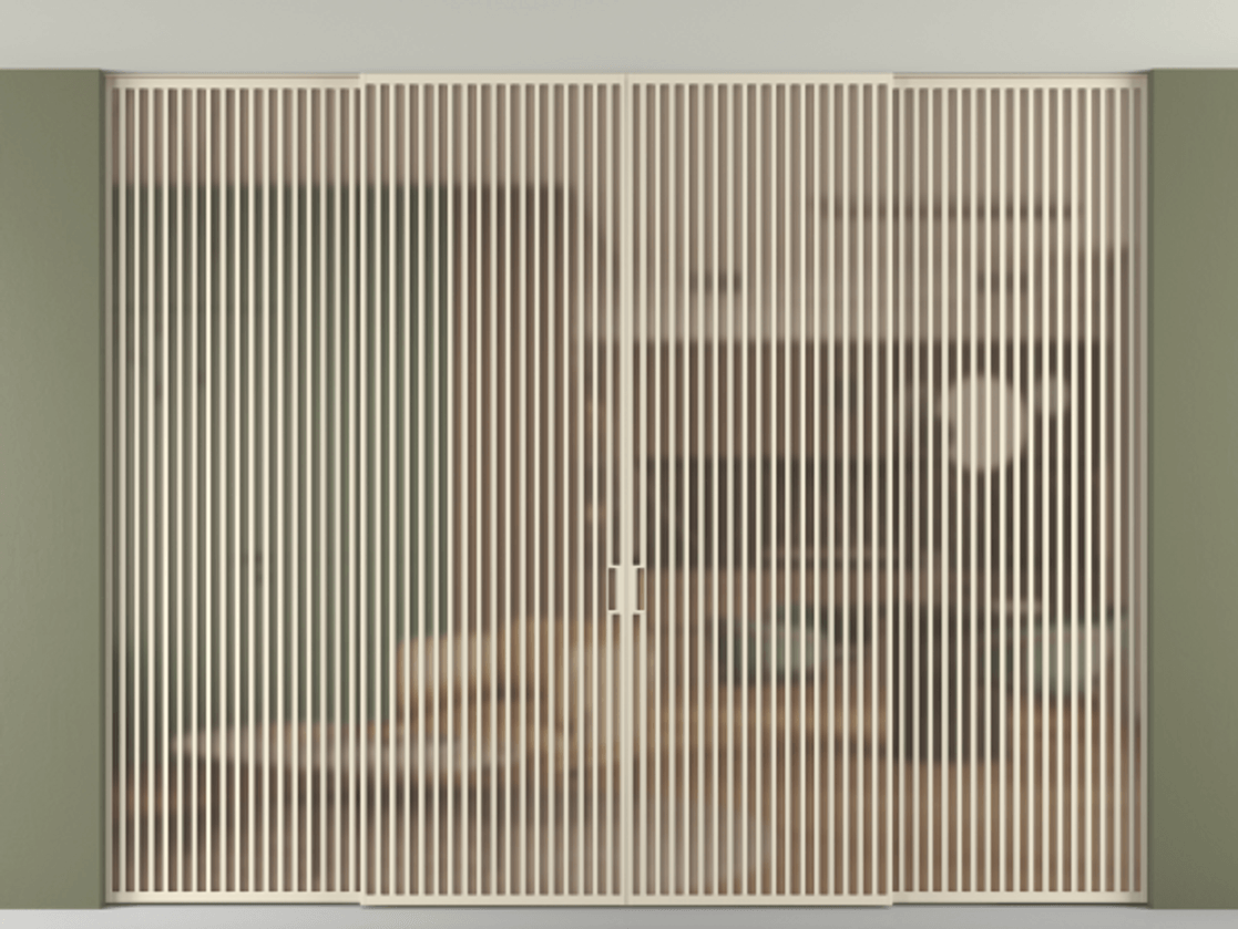 Перегородка Формато внутри проёма скрытое крепление в потолок 4 створки АЛПР 040.06 Алюминий бежево-серый Сатинированное оранжевое стекло, триплекс Цена 802012 ₽ | Volhovec