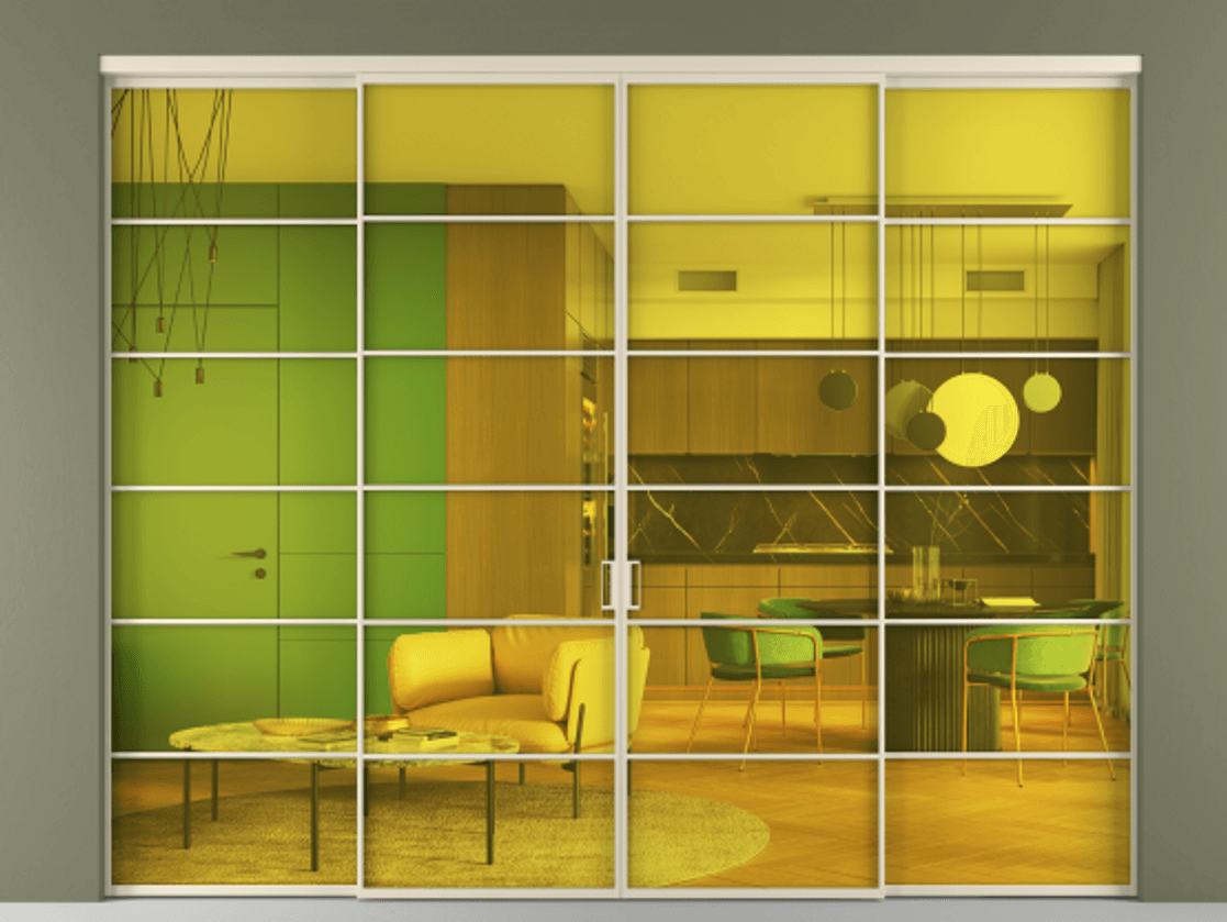 Межкомнатная дверь New Перегородка Formato внутри проёма четырёхстворчатая АЛПР 040.04 Алюминий бежево-серый Прозрачное жёлтое стекло, триплекс, 6мм Цена 460310  | Volhovec