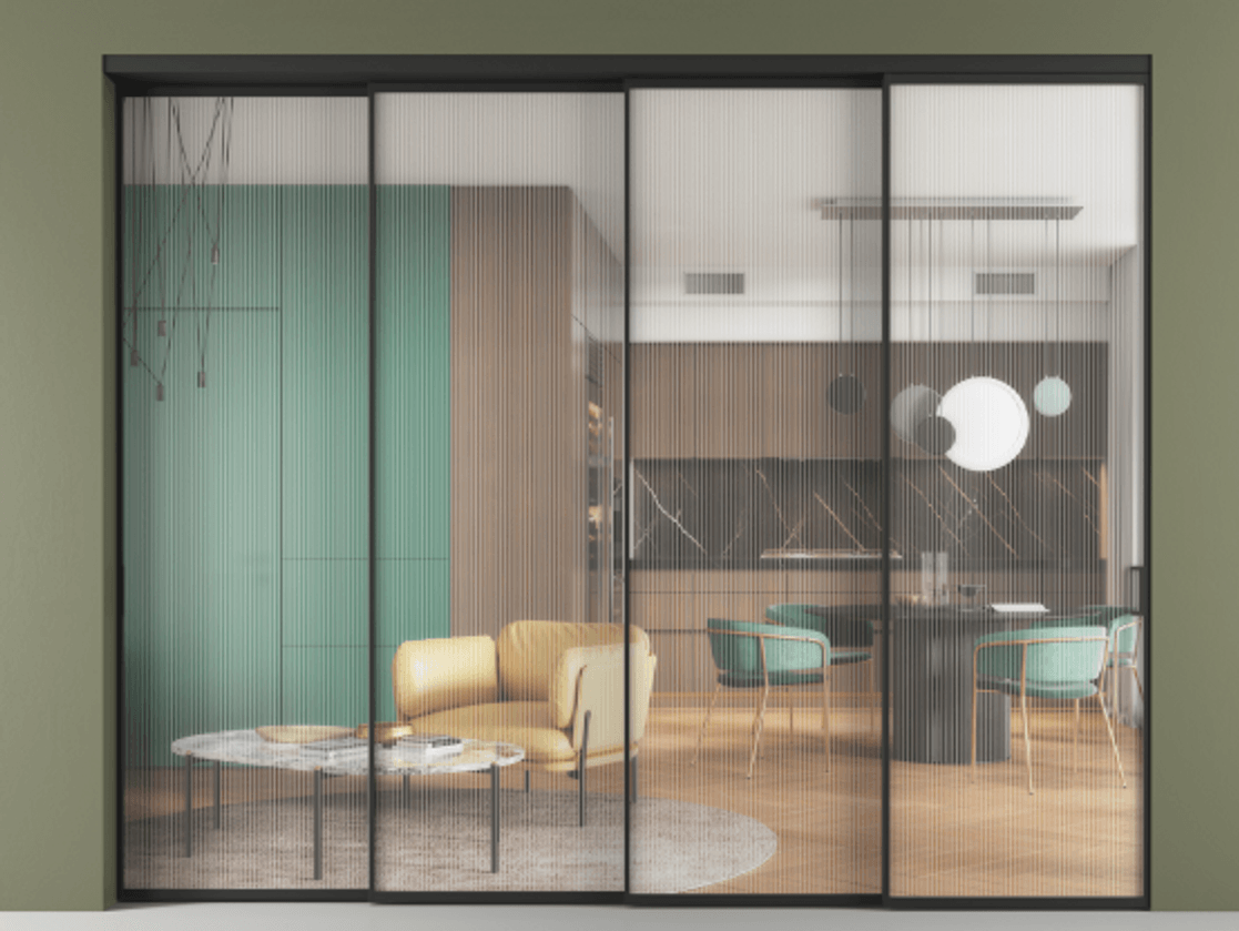 Перегородка Формато внутри проёма 4 створки с синхронным механизмом АЛПР 040.01 Алюминий Черный Рифлёное стекло "Мору", триплекс. Скрытый короб ЧЕР Цена 451060 ₽ 1. Полотно 4 шт. (800/2100 мм)
2. Комплект установки раздвижной системы
3. Базовый комплект фурнитуры
4. Комплект фурнитуры телескопик синхро-3
5. Ручка Рондо. Фабрика дверей Волховец 8 (800) 551 43 19 Перегородка Формато внутри проёма 4 створки с синхронным механизмом АЛПР 040.01 Алюминий Черный Рифлёное стекло "Мору", триплекс Цена 451060 ₽ | Volhovec