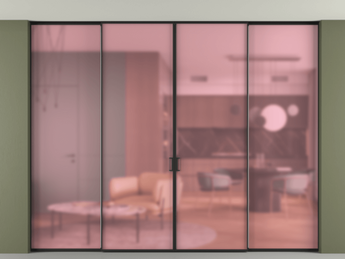 Перегородка Formato внутри проёма скрытое крепление в потолок 4 створки АЛПР 040.01 Алюминий Черный Сатинированное розовое стекло, триплекс. Скрытый короб ЧЕР Цена 426076 ₽ 1. Полотно 4 шт. (800/2100 мм)
2. Комплект установки раздвижной системы
3. Базовый комплект фурнитуры
4.Ручка RONDO. Фабрика дверей Волховец 8 (800) 551 43 19 Перегородка Formato внутри проёма скрытое крепление в потолок 4 створки АЛПР 040.01 Алюминий Черный Сатинированное розовое стекло, триплекс Цена 426076 ₽ | Volhovec