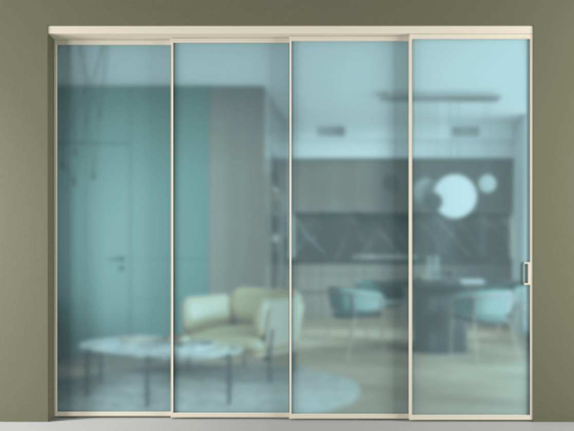 Перегородка Formato внутри проёма 4 створки с синхронным механизмом АЛПР 040.01 Алюминий бежево-серый Сатинированное голубое стекло, триплекс Цена 502200 ₽ | Volhovec