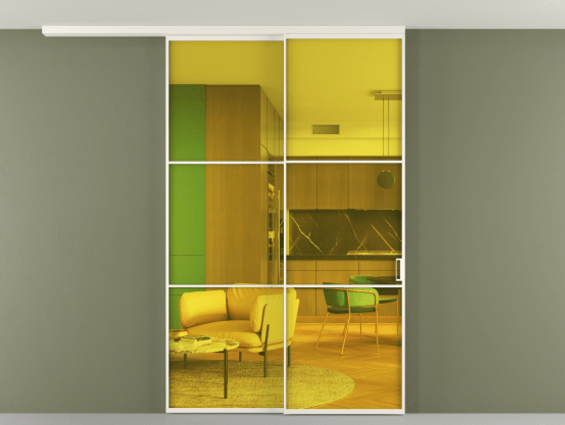 Перегородка Formato вдоль стены на потолок телескопик синхро 2 АЛПР 040.03 Алюминий пудровый белый Прозрачное жёлтое стекло, триплекс, 6мм Цена 314360 ₽ | Volhovec