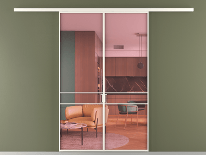 Алюминевая перегородка vd2_02_ Алюминий пудровый белый Прозрачное розовое стекло, триплекс, 6мм. Цвет Алюминий пудровый белый. Материал Алюминий в эмали. Коллекция Перегородка Formato вдоль стены двустворчатая. Картинка.