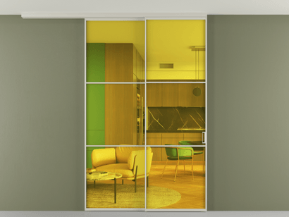 Алюминевая перегородка pv2_2_03_ Алюминий тёплый серый Прозрачное жёлтое стекло, триплекс, 6мм. Цвет Алюминий тёплый серый. Материал Алюминий в эмали. Коллекция Перегородка Formato вдоль стены на потолок телескопик синхро 2. Картинка.