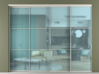 Алюминевая перегородка vn4_03_ Алюминий тёплый серый Сатинированное голубое стекло, триплекс, 6мм. Цвет Алюминий тёплый серый. Материал Алюминий в эмали. Коллекция Перегородка Formato внутри проёма телескопик синхро 3. Картинка.