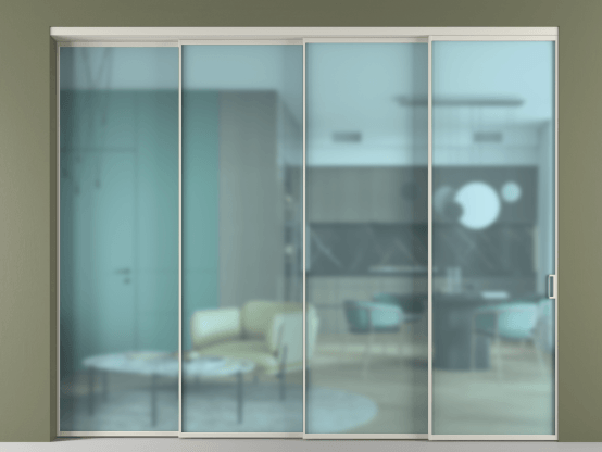 Алюминевая перегородка vn4_01_ Алюминий тёплый серый Сатинированное голубое стекло, триплекс, 6мм. Цвет Алюминий тёплый серый. Материал Алюминий в эмали. Коллекция Перегородка Formato внутри проёма 4 створки с синхронным механизмом. Картинка.