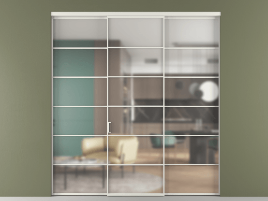 Алюминевая перегородка АЛПР 040.04_АСР_Matelux Crystalvision_new. Цвет Алюминий серый. Материал Алюминий в эмали. Коллекция Перегородка Formato внутри проёма 3 створки. Картинка.