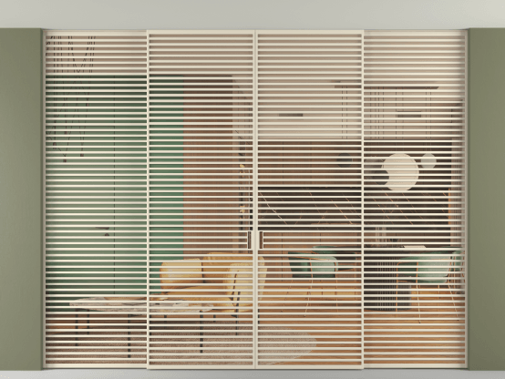 Алюминевая перегородка vn2+2_07 Алюминий бежево-серый Прозрачное оранжевое стекло, триплекс, 6мм. Цвет Алюминий бежево-серый. Материал Алюминий в эмали. Коллекция Перегородка Formato внутри проёма скрытое крепление в потолок 4 створки. Картинка.