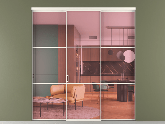 Алюминевая перегородка vn1+2_03_ Алюминий пудровый белый Прозрачное розовое стекло, триплекс, 6мм. Цвет Алюминий пудровый белый. Материал Алюминий в эмали. Коллекция Перегородка Formato внутри проёма 3 створки. Картинка.