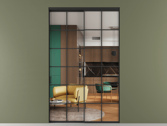 Алюминевая перегородка vn2_05 Crystalvision ЧЕР. Цвет Алюминий Черный. Материал Алюминий. Коллекция Перегородка Formato внутри проёма 2 створки. Картинка.