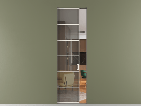 Алюминевая перегородка skr1_04_ Алюминий пудровый белый Серый прозрачное. Цвет Алюминий пудровый белый. Материал Алюминий в эмали. Коллекция Перегородка Formato скрытый пенал 1 створка. Картинка.