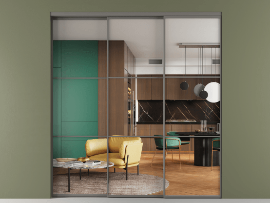 Алюминевая перегородка АЛПР 040.03_АКЛС_Crystalvision_new. Цвет Алюминий классический серый. Материал Алюминий в эмали. Коллекция Перегородка Formato внутри проёма 3 створки с синхронным механизмом. Картинка.