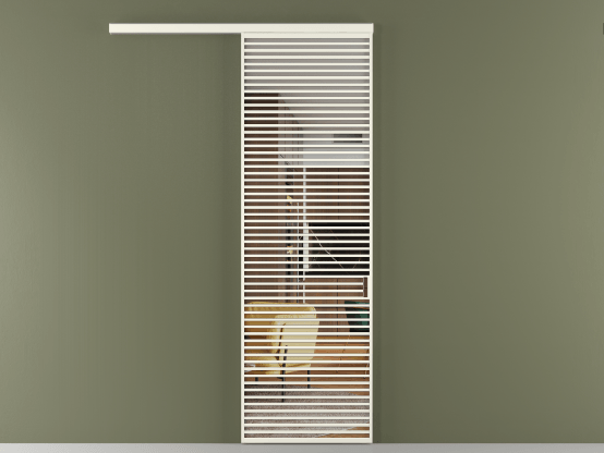 Алюминевая перегородка АЛПР 040.07_АЖМ_Crystalvision_new. Цвет Алюминий жемчужный. Материал Алюминий в эмали. Коллекция Перегородка Формато вдоль стены 1 створка. Картинка.