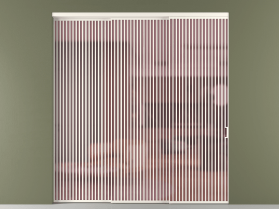 Алюминевая перегородка vn3_06_ Алюминий пудровый белый Сатинированное розовое стекло, триплекс, 6мм. Цвет Алюминий пудровый белый. Материал Алюминий в эмали. Коллекция Перегородка Formato внутри проёма 3 створки с синхронным механизмом. Картинка.