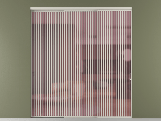 Алюминевая перегородка vn3_06_ Алюминий тёплый серый Сатинированное розовое стекло, триплекс, 6мм. Цвет Алюминий тёплый серый. Материал Алюминий в эмали. Коллекция Перегородка Formato внутри проёма 3 створки с синхронным механизмом. Картинка.