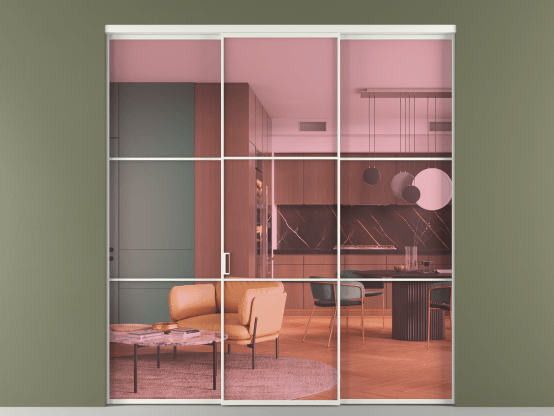 Алюминевая перегородка vn1+2_03_ Алюминий светло-серый Прозрачное розовое стекло, триплекс, 6мм. Цвет Алюминий светло-серый. Материал Алюминий в эмали. Коллекция Перегородка Formato внутри проёма 3 створки. Картинка.