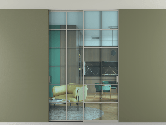 Алюминевая перегородка АЛПР 040.05_АНСР_ПРОЗ ГОЛ_new. Цвет Алюминий нейтральный серый. Материал Алюминий в эмали. Коллекция Перегородка Formato внутри проёма скрытое крепление в потолок 2 створки. Картинка.