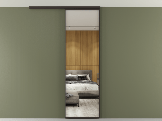 Алюминевая перегородка АЛПР 040.01_ААН_Зеркало триплекс_new. Цвет Алюминий антрацит. Материал Алюминий в эмали. Коллекция Перегородка Formato вдоль стены на потолок 1 створка. Картинка.