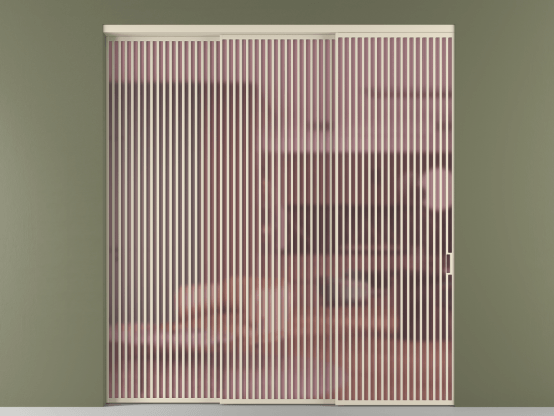 Алюминевая перегородка vn3_06_ Алюминий бежево-серый Сатинированное розовое стекло, триплекс, 6мм. Цвет Алюминий бежево-серый. Материал Алюминий в эмали. Коллекция Перегородка Formato внутри проёма 3 створки с синхронным механизмом. Картинка.